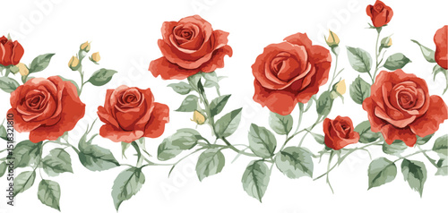 Elegant Border of Watercolor Red Roses with Green Leaves Perfect for Invitations Cards and Decorative Designs Adds a Touch of Romance and Sophistication to