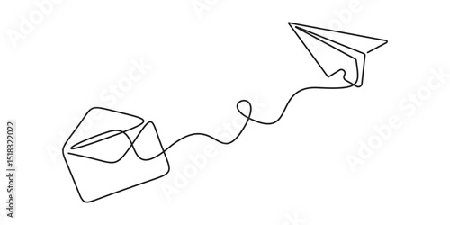 Continuous single line drawing of envelope mail with airplane paper, Vector illustration of continuous editable line flying paper airplane and mail. Concept of sending emails vector illustration