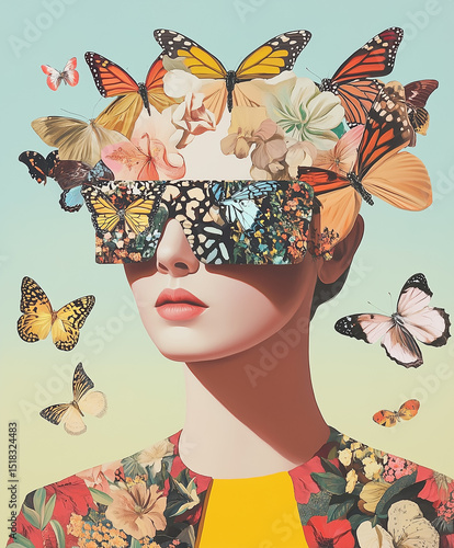  A vibrant pop art collage of a woman with butterflies and flowers adorning her head and sunglasses, creating a surreal and fashionable image.