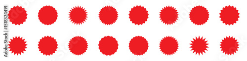 Set of Zig zag wavy edge red starburst circle shapes icon. Red color classic abstract elements with jagged edges. Vector illustration of silhouette blank for sicker, label, tag, badge, stamp, etc. 