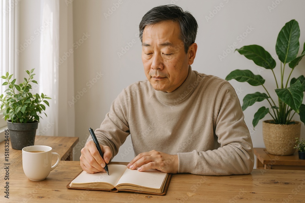 adult asian man writing in notebook at home with plants and coffee cup on wooden table in cozy indoor setting adult asian man writing in notebook at home with plants and coffee cup on wooden table in cozy indoor setting