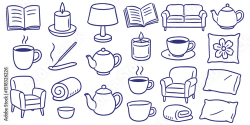 Cozy home illustration featuring a couch, armchairs, books, candles, tea cups and relaxing elements