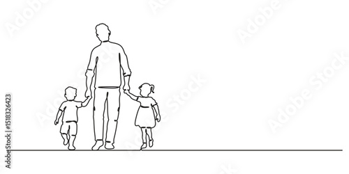 Continuous one line drawing of dad with two kids walking hand in hand, single line art vector illustration