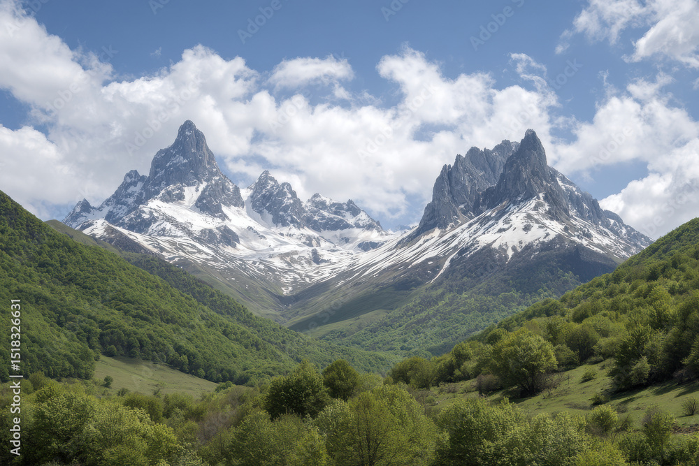 Naklejka premium majestic caucasus mountains rise dramatically against backdrop of fresh spring greenery
