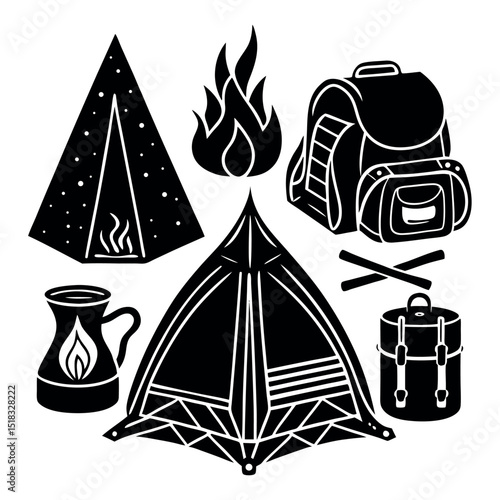 Collection of black silhouette camping equipment icons including tents, campfire, backpacks and gear