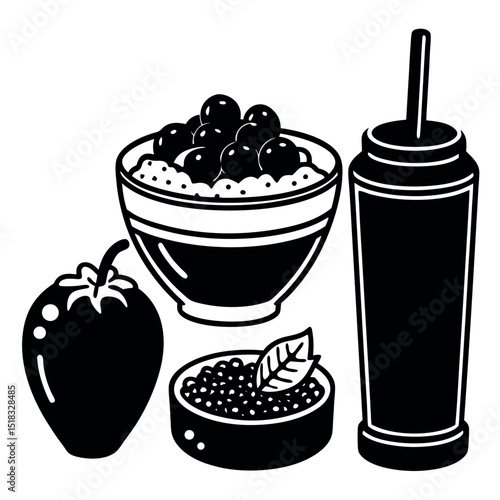 Black silhouette set of healthy food items including smoothie bowl, strawberry and superfood
