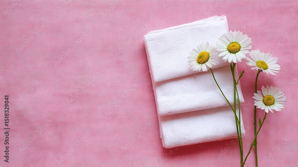 Minimalist Still Life of Cotton Menstrual Pads with Daisy Flowers on Pink Fabric Background, Representing Natural Care, Softness and Sustainability Minimalist Still Life of Cotton Menstrual Pads with Daisy Flowers on Pink Fabric Background, Representing Natural Care, Softness and Sustainability