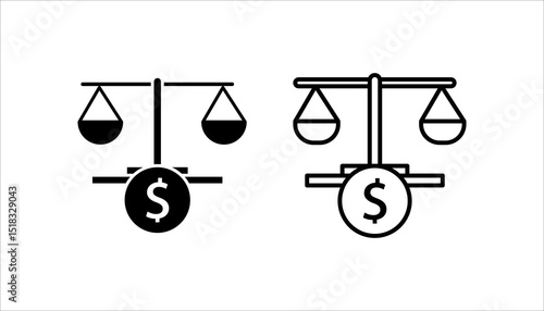 Tax penalty icon set. Legal scales with money and percentages. Outline style. Vector. Isolate on white background.	