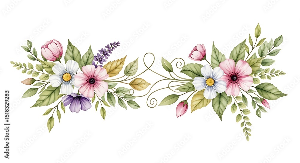 Rustic floral divider made with hand-painted wildflowers and watercolor leaves, perfect for romantic themes, wedding design, and invitations Rustic floral divider made with hand-painted wildflowers and watercolor leaves, perfect for romantic themes, wedding design, and invitations