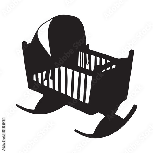 "Baby cot silhouette in flat vector style, isolated on a white background. Ideal for nursery designs, icons, and baby-related graphics."