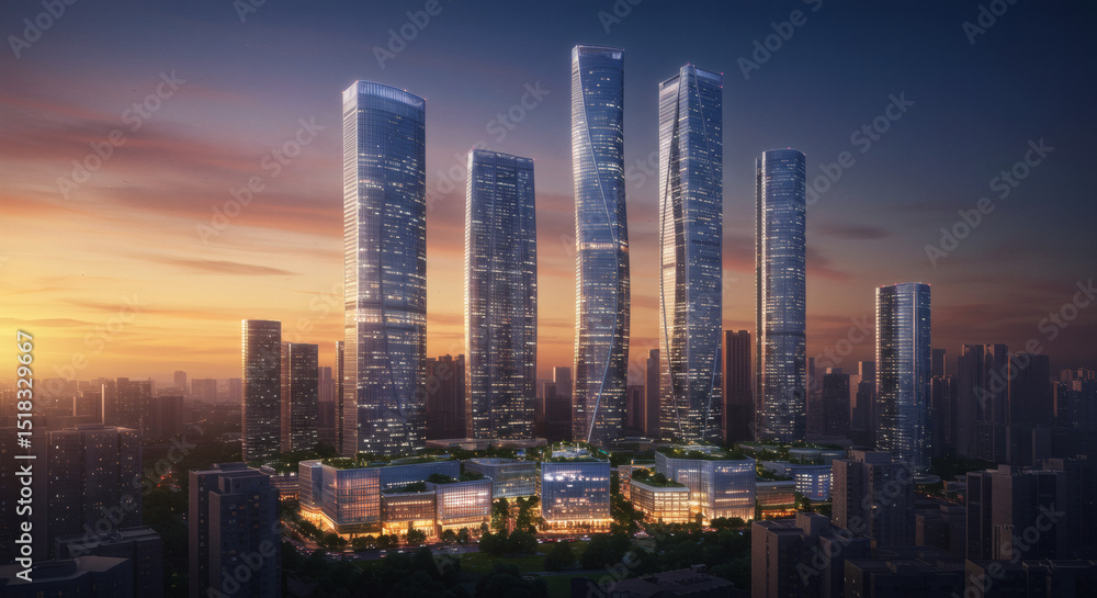 Stunning Architectural Rendering Modern Skyscrapers at Sunset Stunning Architectural Rendering Modern Skyscrapers at Sunset