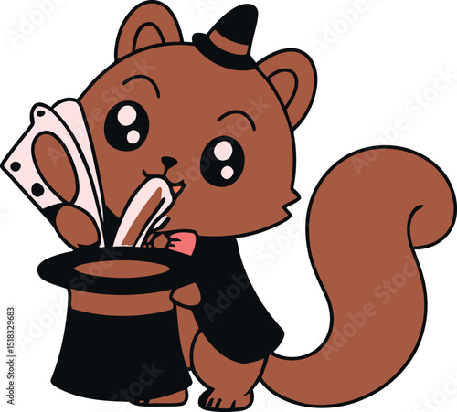Cartoon Squirrel with Hat and Cards Performing Tricks on  Background Vector Illustration for Children's Designs