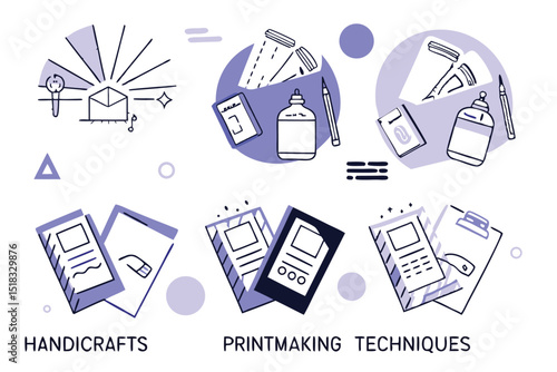 Modern graphic design illustration of printmaking and handcraft techniques.