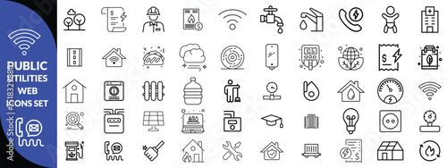 Public utilities web icons line set. Public Utilities Water, Fuel, Electricity, gas, garage, Solar House, Rent receipt, Maintainence, and More vector illustration design 