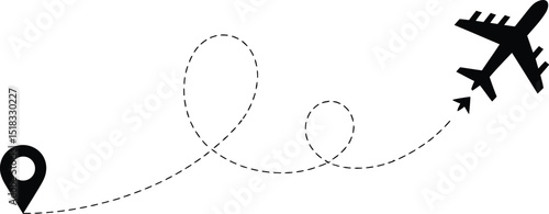 Illustration of a black airplane flying a dotted path from a location pin on a white background