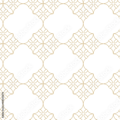 Seamless abstract geometric pattern with gold lines, squares, and shapes on white background. Ideal for fabric, wallpapers, notebooks, gift wrap, packaging, rugs, and branding.