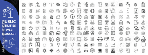 Public utilities web icons line set. Public Utilities Water, Fuel, Electricity, gas, garage, Solar House, Rent receipt, Maintainence, and More vector illustration design 