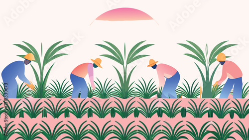 Diverse farmers tending a sugar cane field in a stylized illustration.