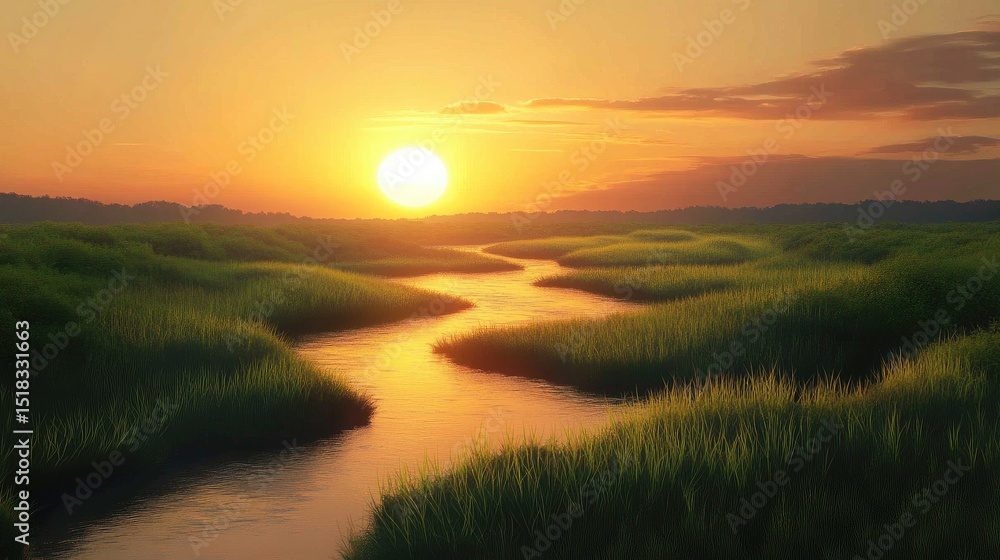 Obraz premium Winding River at Sunset with Green Vegetation