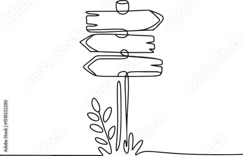 Continuous line drawing of rustic signpost with directional arrows and plant in minimalist black and white illustration

