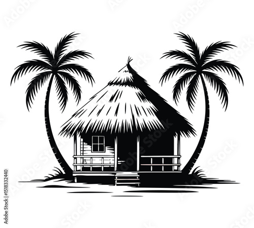 Tropical Beach Hut Silhouette with Palm Trees Vector, On White Background
