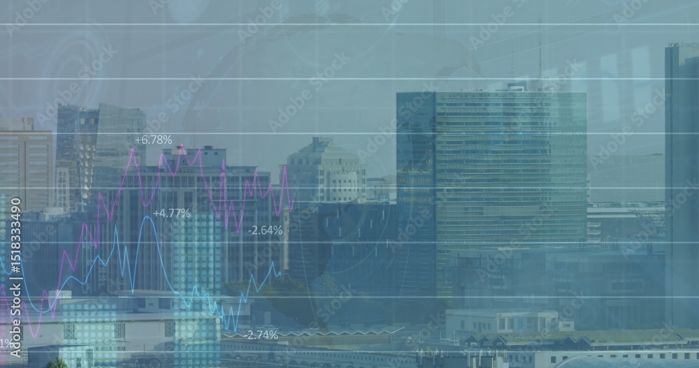 Obraz premium Image of financial graphs and data over cityscape