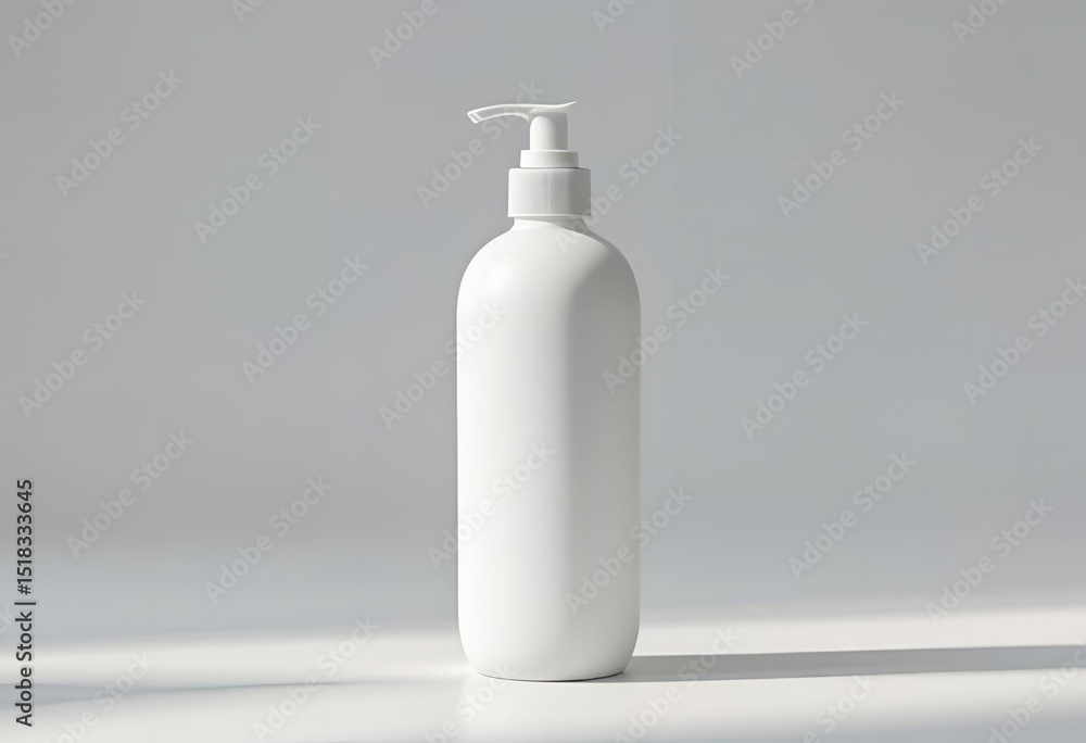 Minimalist white pump bottle against a clean gray background, perfect for beauty and hygiene product mockups. Minimalist white pump bottle against a clean gray background, perfect for beauty and hygiene product mockups.