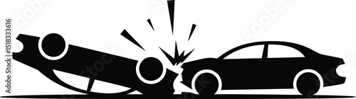 A black and white illustration depicting a car crash with one car flipped on its side on white