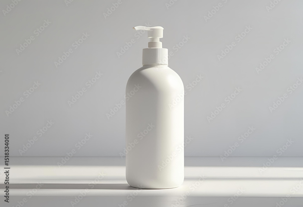 Minimalist white pump bottle against a clean gray background, perfect for beauty and hygiene product mockups. Minimalist white pump bottle against a clean gray background, perfect for beauty and hygiene product mockups.