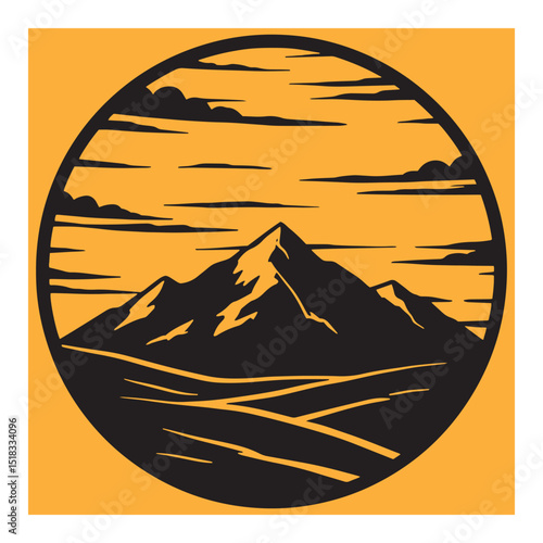 Black mountain silhouette with orange sky and circular frame in a vintage aesthetic