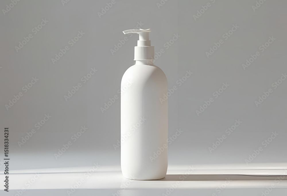 Minimalist white pump bottle against a clean gray background, perfect for beauty and hygiene product mockups. Minimalist white pump bottle against a clean gray background, perfect for beauty and hygiene product mockups.