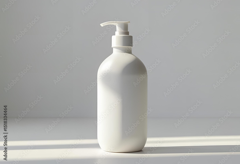 Minimalist white pump bottle against a clean gray background, perfect for beauty and hygiene product mockups. Minimalist white pump bottle against a clean gray background, perfect for beauty and hygiene product mockups.
