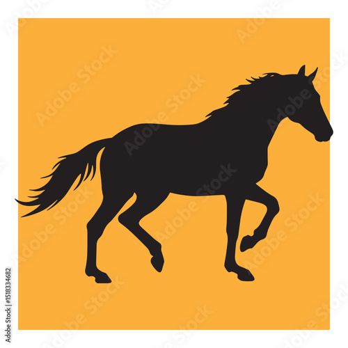 Elegant black horse silhouette walking gracefully against a vibrant orange background color