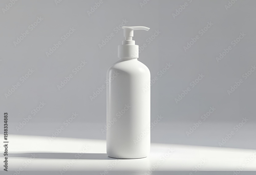 Minimalist white pump bottle against a clean gray background, perfect for beauty and hygiene product mockups. Minimalist white pump bottle against a clean gray background, perfect for beauty and hygiene product mockups.