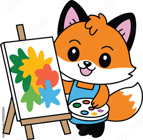 Cartoon Fox Artist Painting Colorful Flowers on Easel Against  Backdrop Vector Illustration for Children's Art Projects