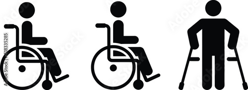 Illustration of three black disability icons on a white background depicting wheelchair users and walker