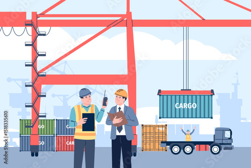 Cargo terminal workers. Unload freight containers on auto trucks. Warehouse and seaport workers, transportation and logistic, recent vector scene