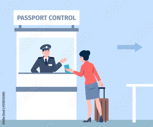 Tourist on passport control. Woman with luggage on security checkpoint show documents. Check point in airport, borders, recent vector scene