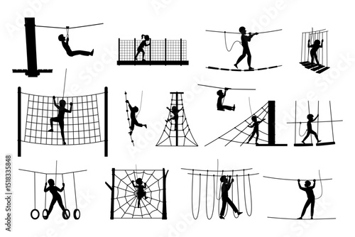 Rope park characters silhouettes. Sport activity, outdoor extreme attractions for children and adults. Climbing, nature adventures recent vector set