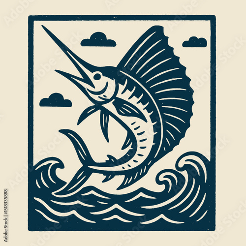 Marlin jumping from waves vintage engraving vector illustration