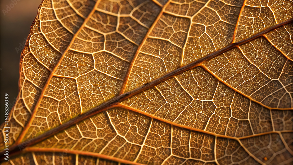 Obraz premium Skeleton Leaf Macro Texture, Golden Autumn Pattern With Veins