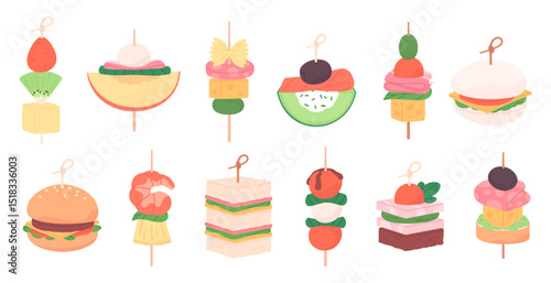 Cartoon canape. Appetizer with shrimp cheese vegetables fruits bread and bun. Mini burger and sandwich. Buffet or party style food, racy vector clipart