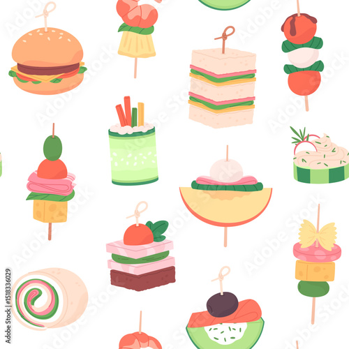Finger food seamless pattern. Appetizers, tasty canape for buffet banquet or party. Burger sandwich roll with cheese. Print template, racy vector background
