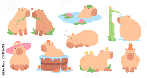 Cartoon funny capybara. Cute capybaras various poses, swimming sleeping eating together. Adorable wild rodent, exotic animals racy vector characters
