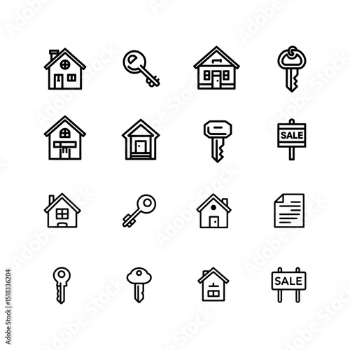 Real estate icon pack with houses and keys, useful for property, housing, and rental platforms