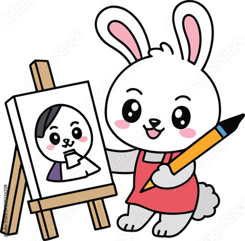 Cartoon Rabbit Artist Painting Self-Portrait on Canvas Against  Backdrop for Children's Books and Educational Use