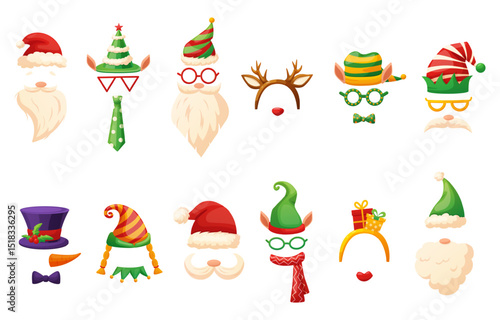 Christmas masks. Santa snowman elf hats and mask for photo booth. Reindeer headband, mustache and beards. New year party accessories, nowaday vector set
