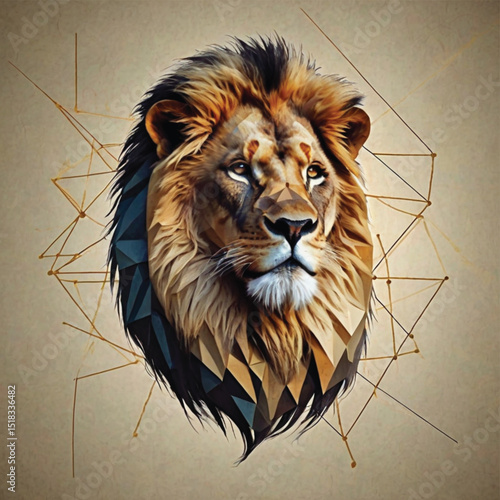 Lion head vector portrait showing a majestic wild lion with mane in natural wildlife setting