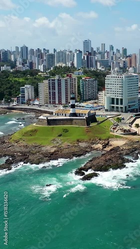 Barra Lighthouse At Salvador Bahia Brazil. Aerial View Of A Bustling City With High-Rise Buildings And Traffic. Shore Sky Beach Sea. Outside Beach Travel. Salvador Bahia.