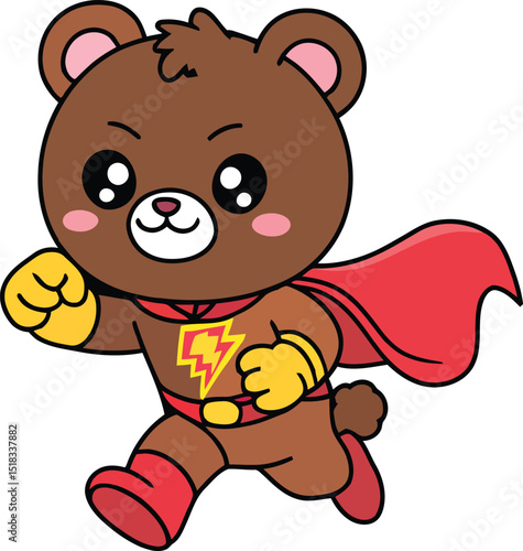 Cartoon Superhero Bear Character Illustration on  Background, Cute Animal Mascot with Cape and Lightning Bolt Emblem Design